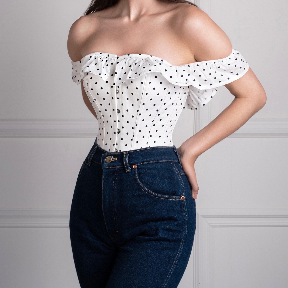 NWT Corset Story Polka Dot Straight Bustline Corset Top Off The Shoulder Sleeves